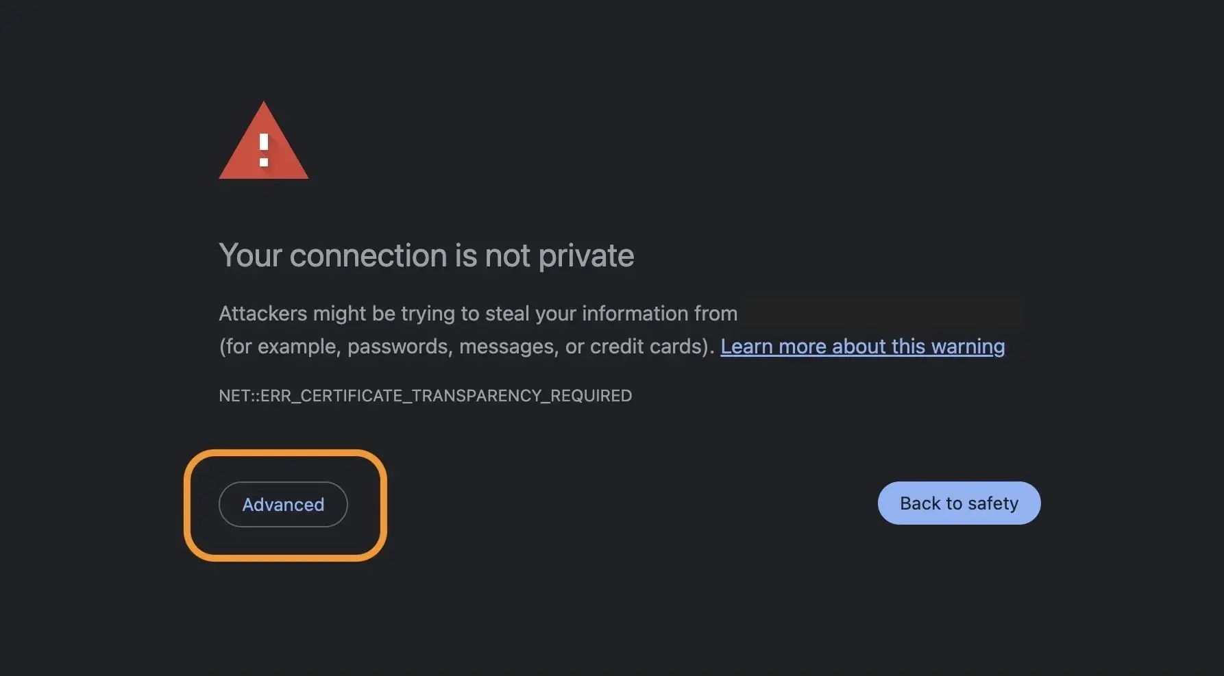 your connection is not private, warning displayed by browser stating Your connection is not private with the Advanced button being highlighted