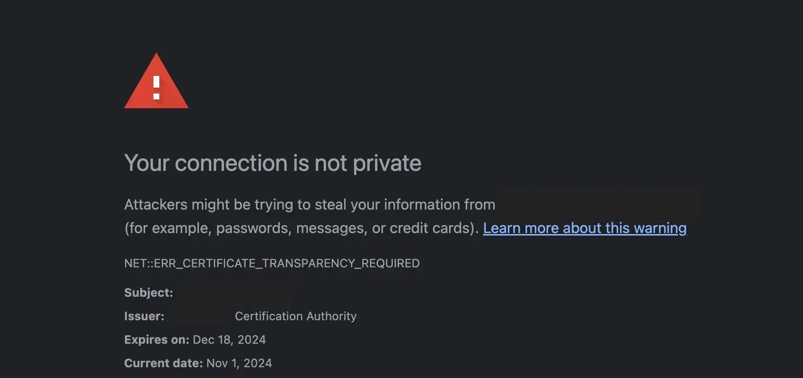 your connection is not private, warning displayed by browser stating Your connection is not private with certificate information displayed after clicking on the error code
