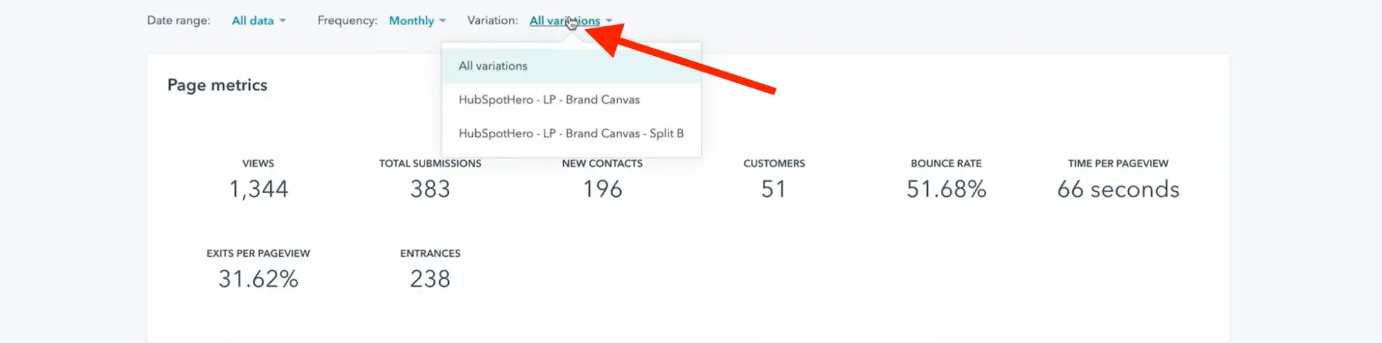 a/b website testing result showing stats from both variations