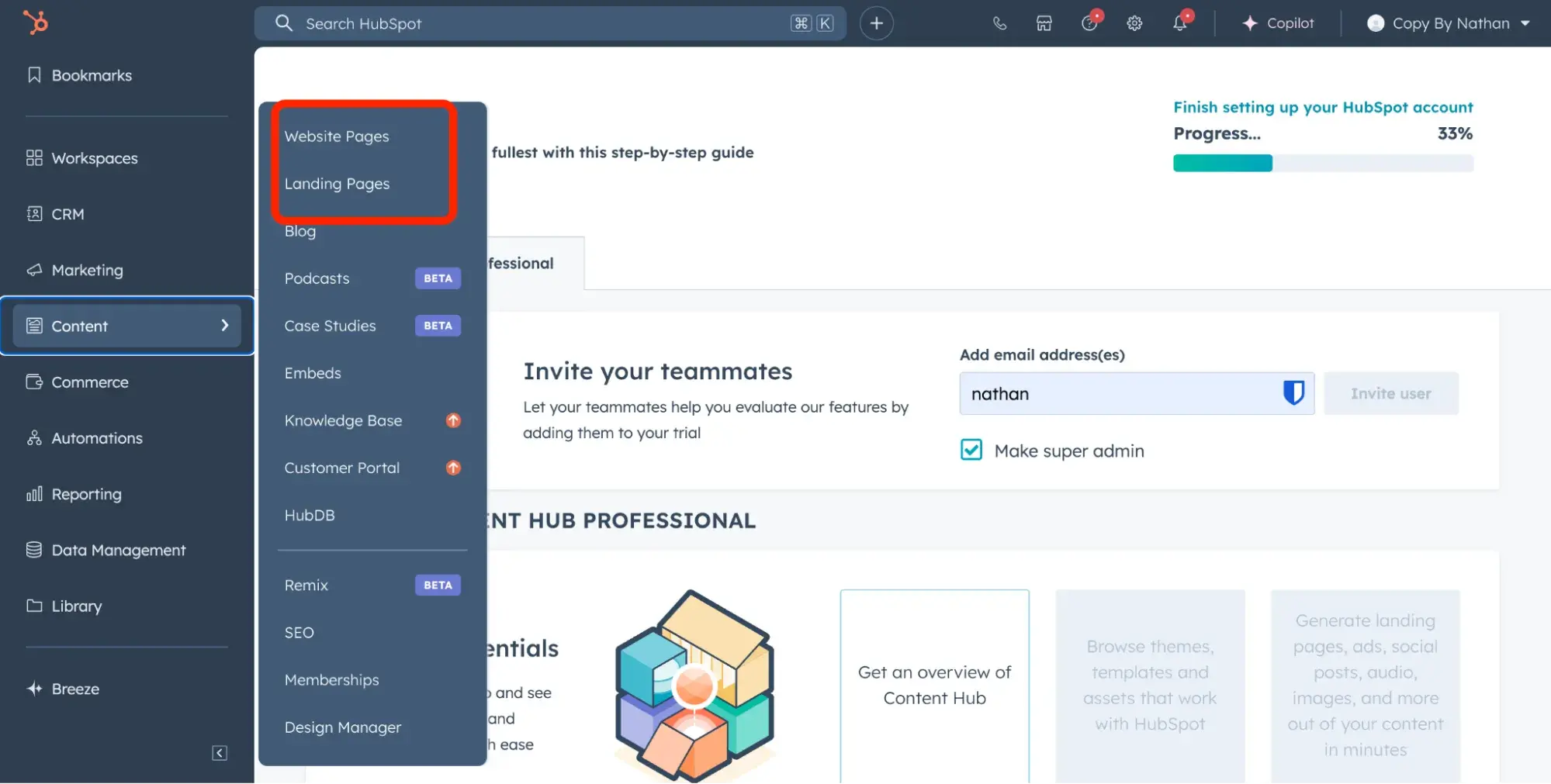 hubspot dashboard navigation to website and landing pages