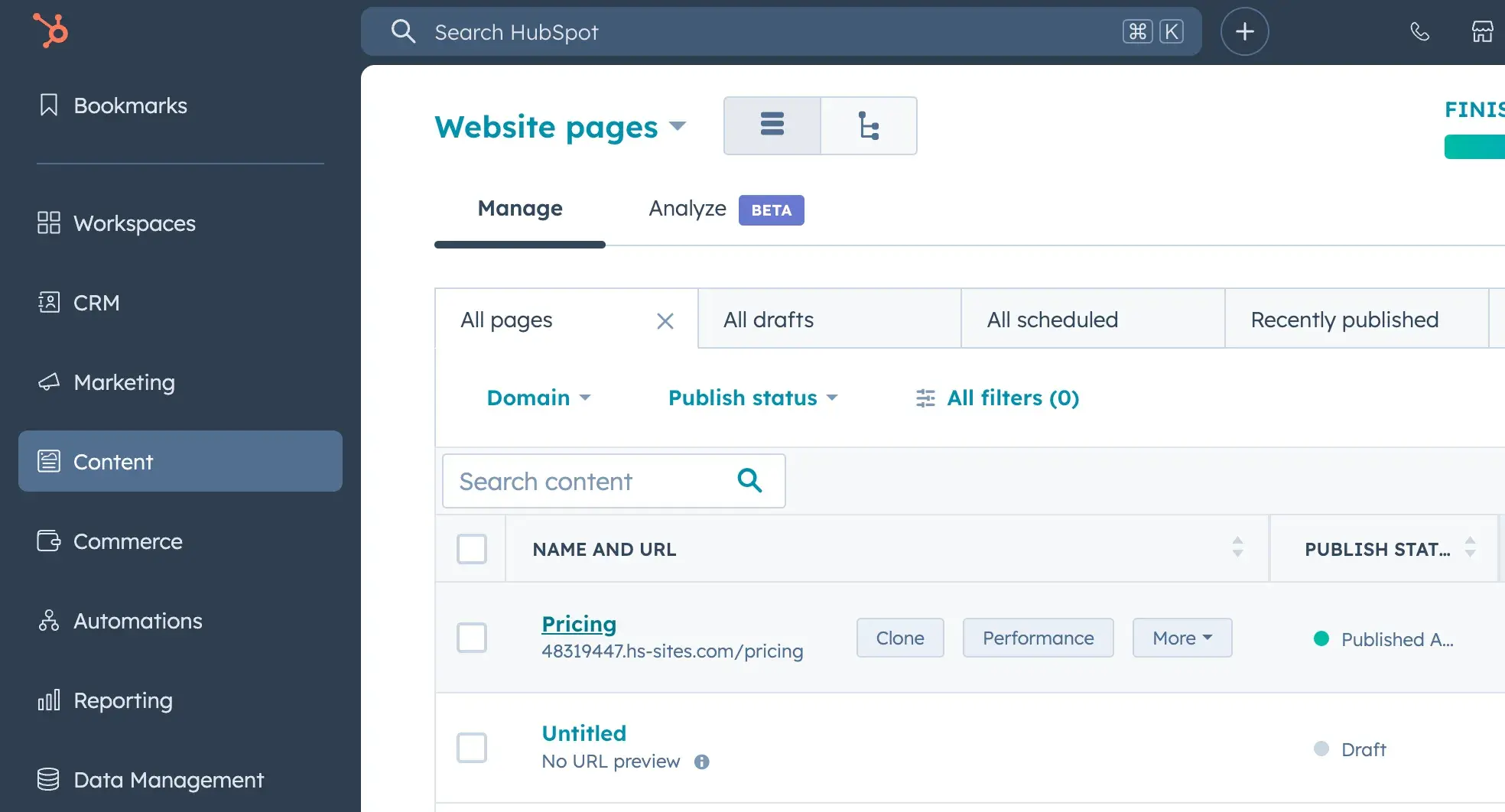 hubspot dashboard showing website pages i can test