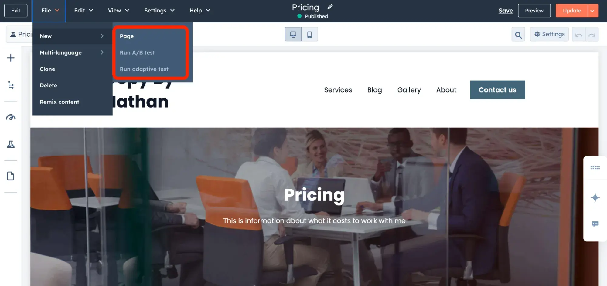 navigation to create an a/b test on the hubspot dashboard