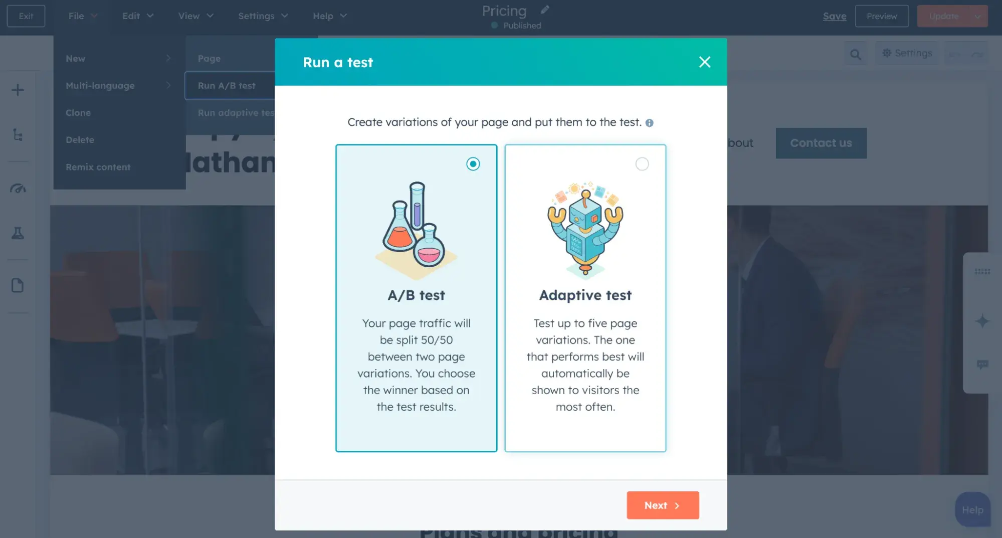 hubspot dashboard with a/b test and adaptive test selection