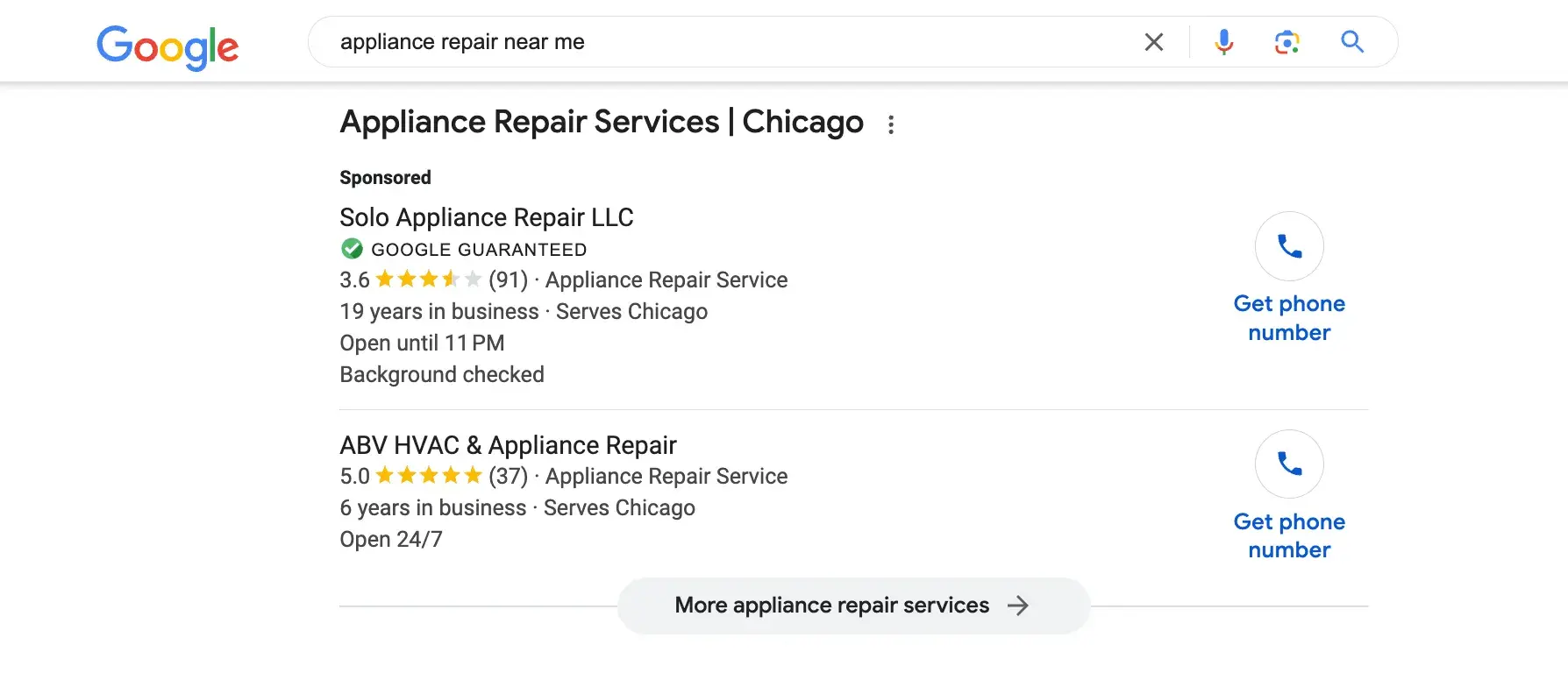 Screencap of Google search results page for appliance repair near me. 