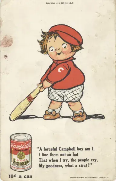 An early Campbells Kids ad featuring an illustrated child with a baseball bat.