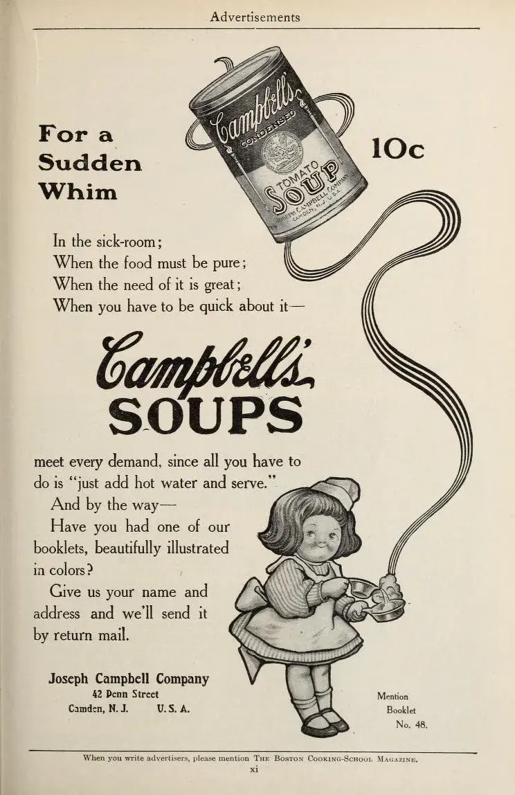 An early ad for Campbells Soups, featuring a black-and-white illustration of a girl holding a soup can.