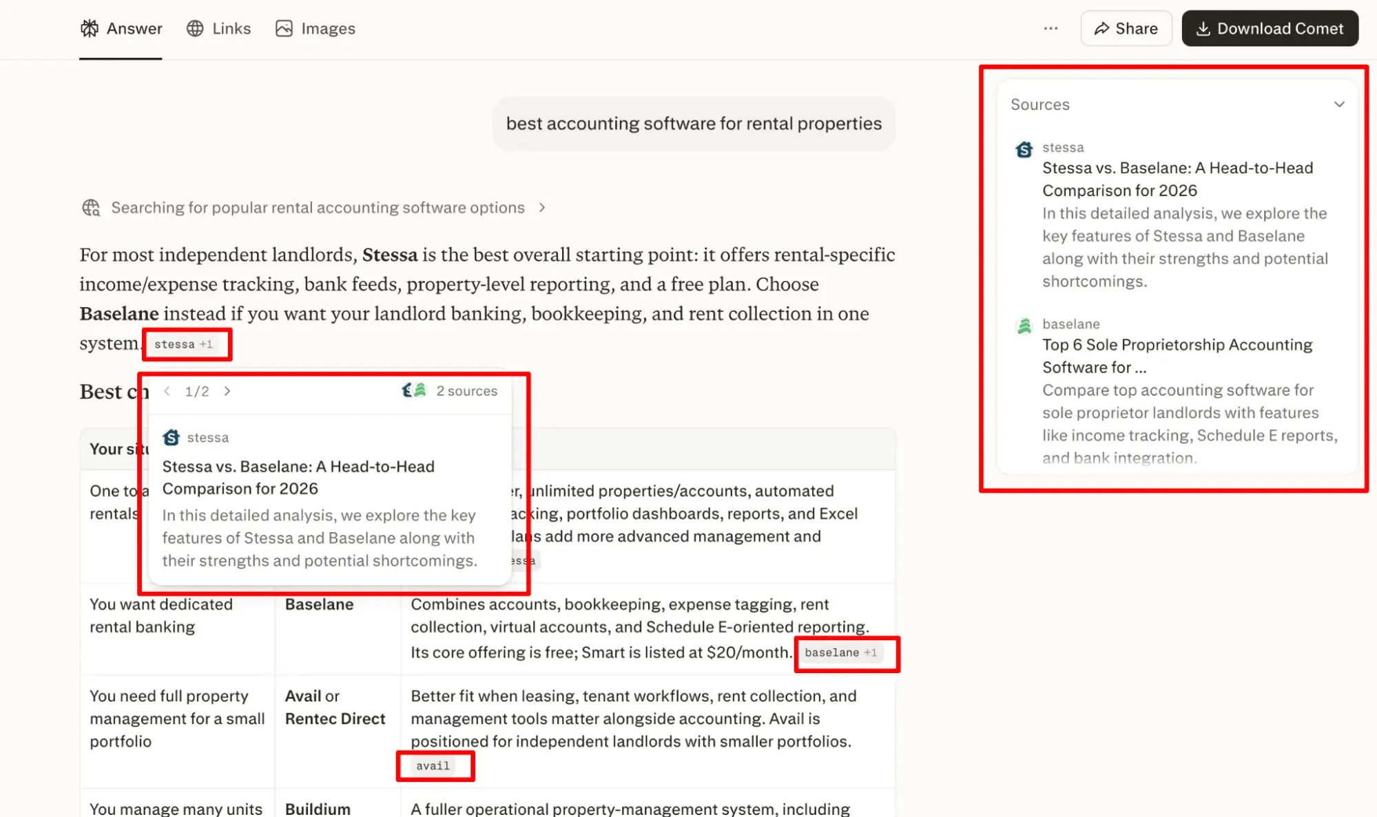 Perplexity answer for 'best accounting software for rental properties' with inline citations and sources panel displaying referenced articles