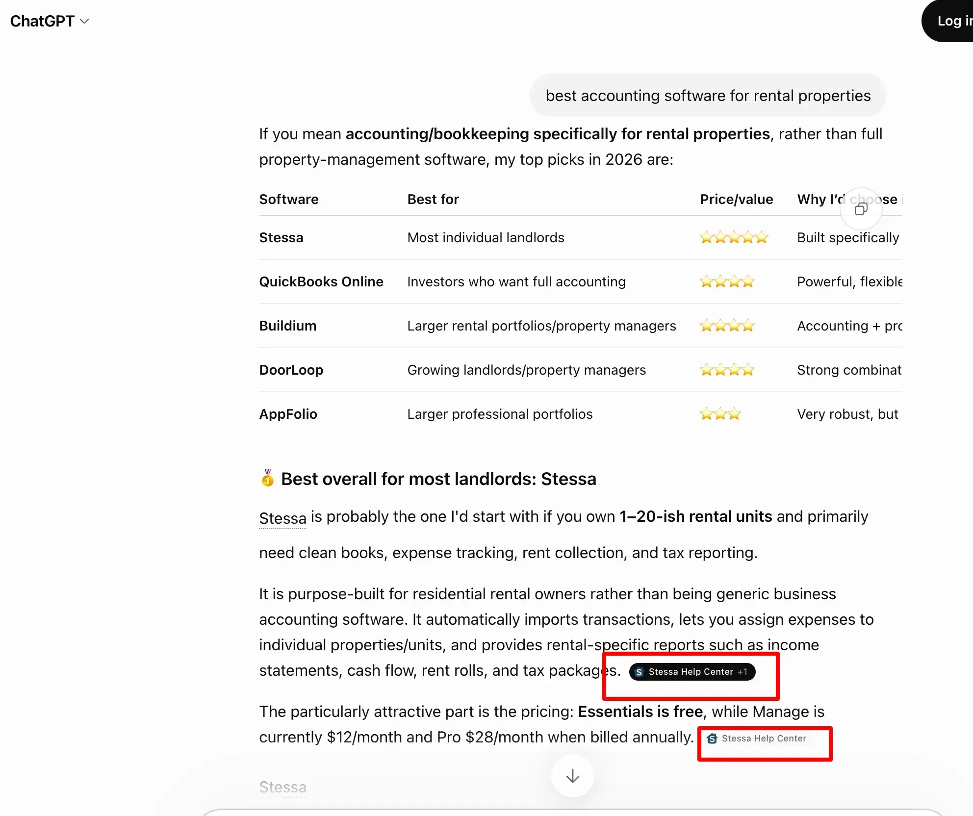 ChatGPT response showing software comparison table with inline citation indicators and Help Center links highlighted