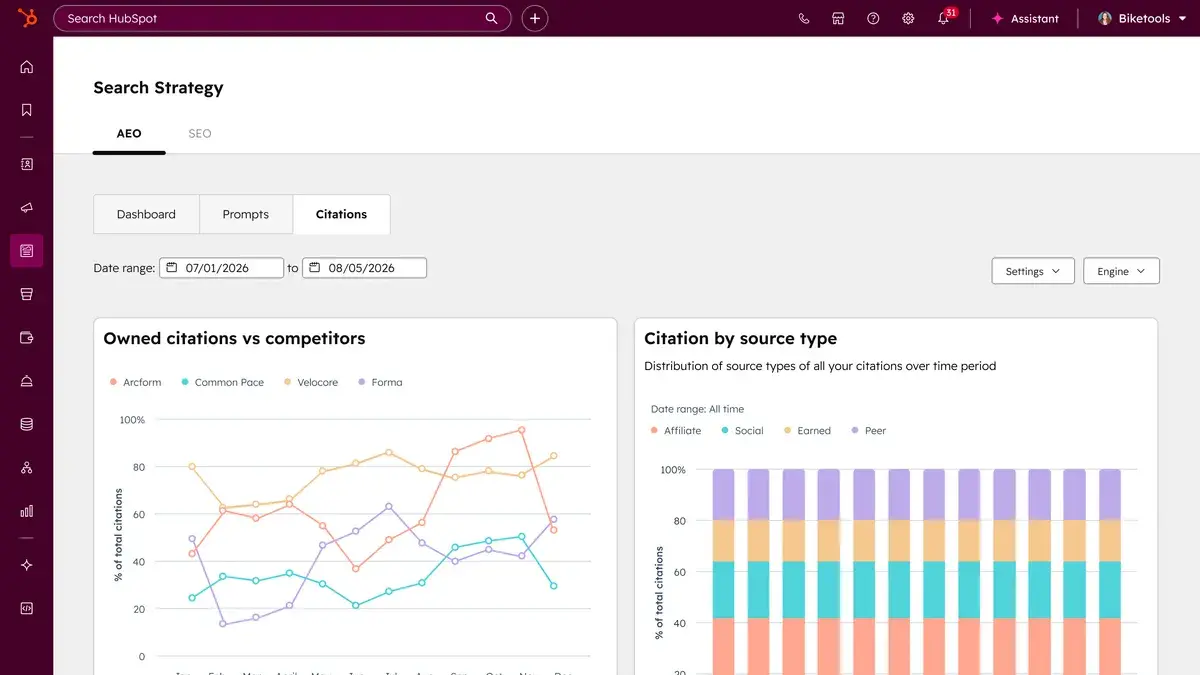 hubspot aeo tool dashboard showing owned citations vs competitors and citation by source type