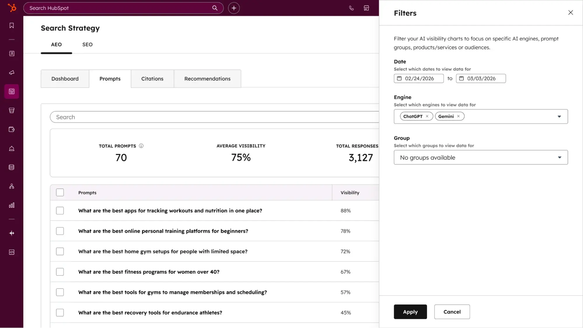 ���ϳԹ��� AEO tracker dashboard showing prompts with visibility metrics and filter options for AI engines