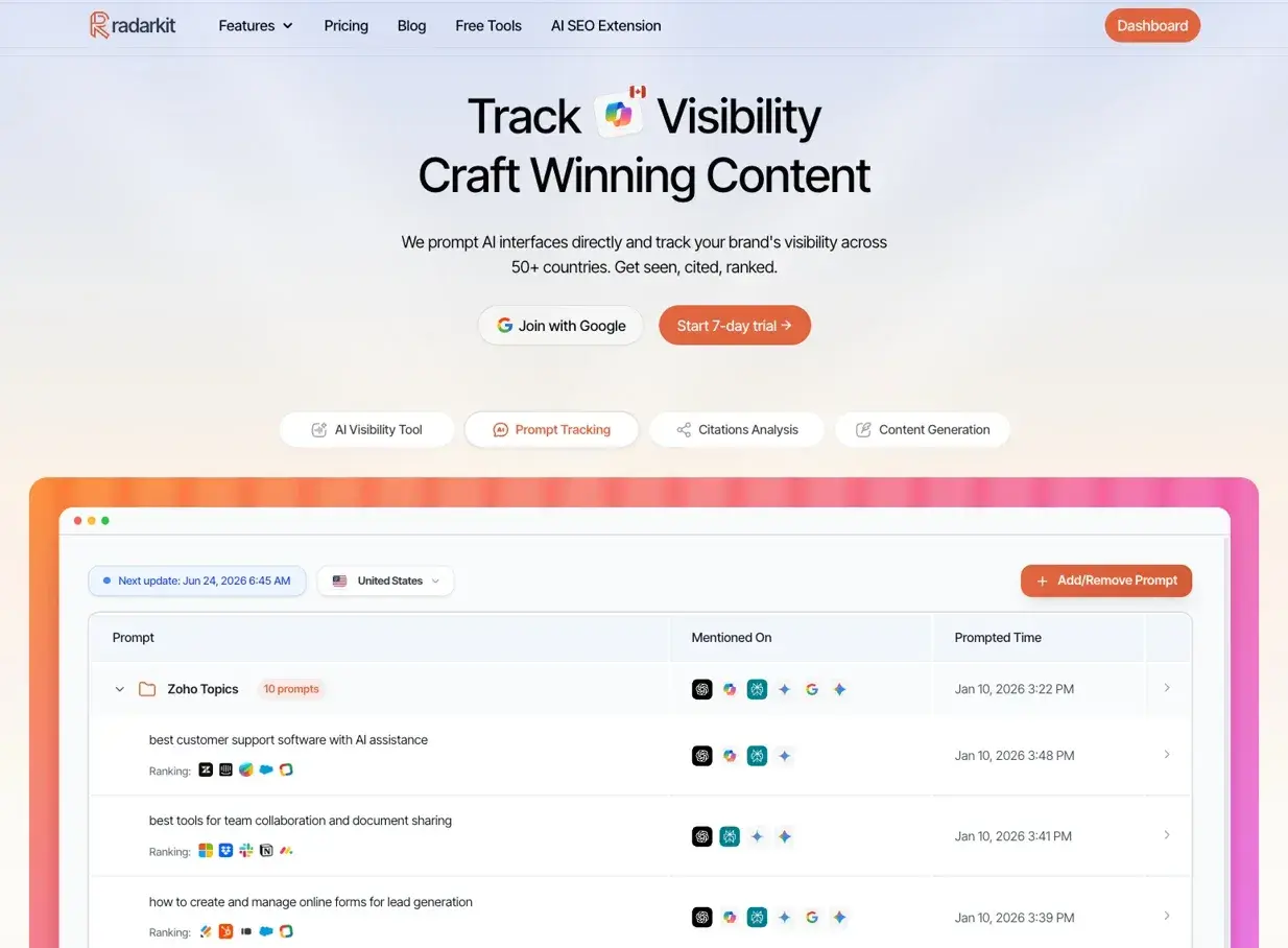 Radarkit AEO tracker prompting interface displaying tracked visibility and prompt mentions across AI platforms