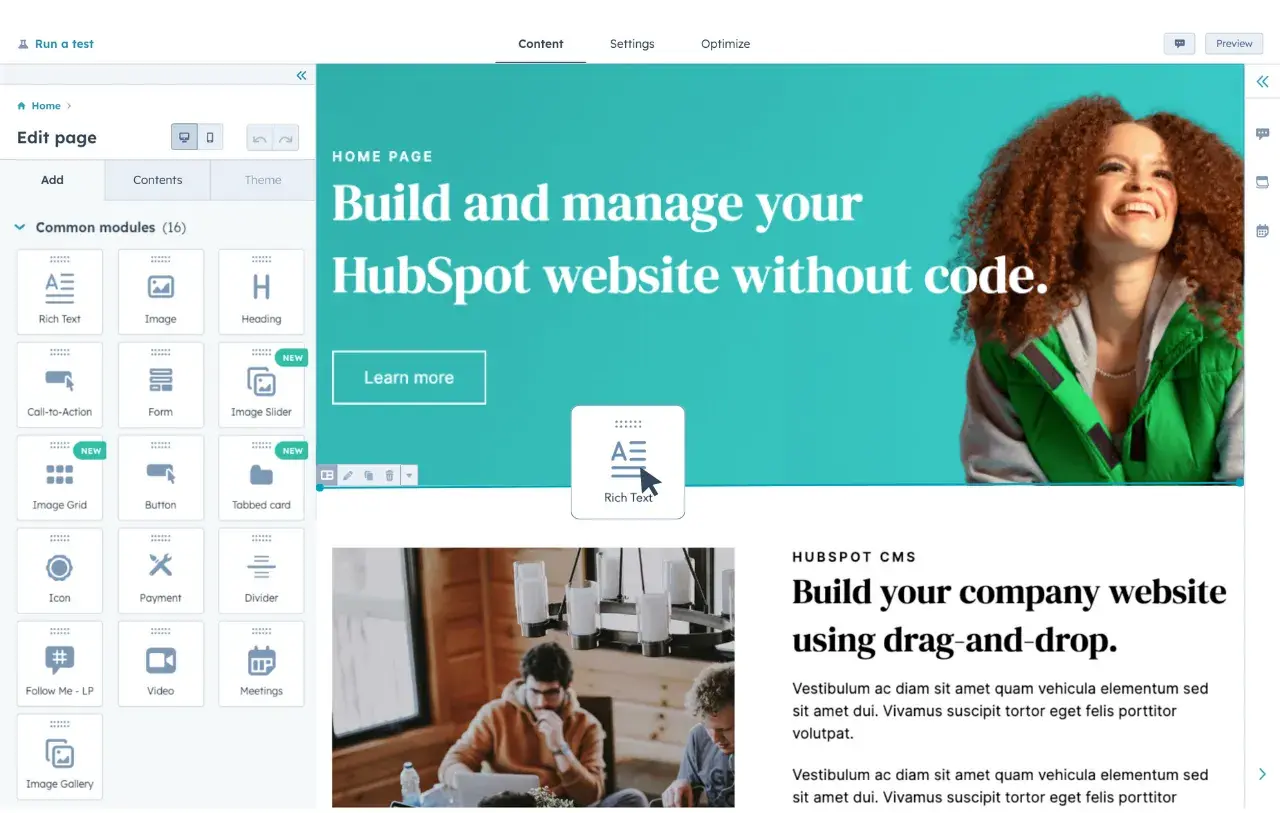 HubSpot Content Hub CMS interface with page editing modules and website builder