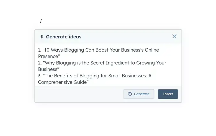 HubSpot AI Content Writer generate ideas dialog with blog topic suggestions