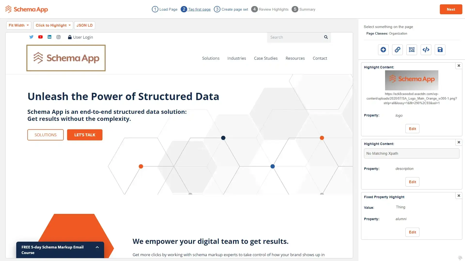 Schema App structured data interface showing schema markup tagging and highlight panel