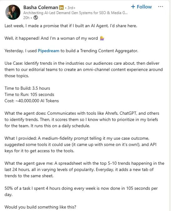ai agents for small businesses linkedin post from basha coleman about building an ai agent that identifies content trends
