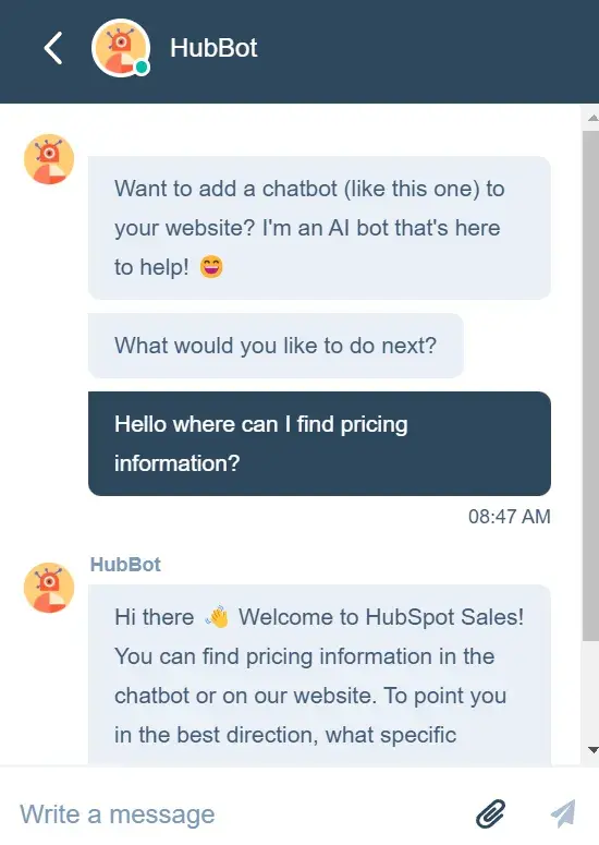 screenshot of hubspots chatbot to demonstrate the chatbot as a type of ai agent.