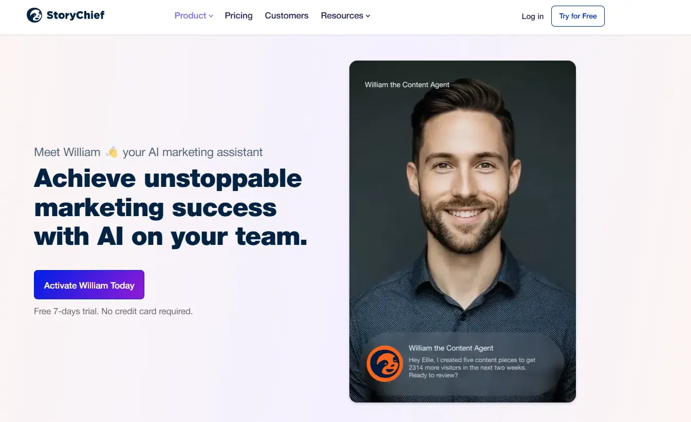 ai agents for business: screenshot of the website homepage of storychiefs ai marketing agent