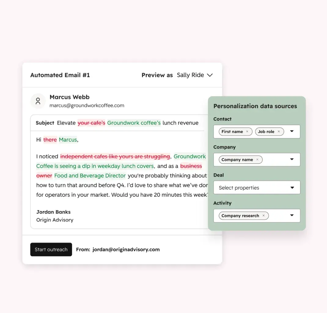 Automated email preview showing personalized outreach with contact data sources panel displaying first name, job role, company, and activity fields
