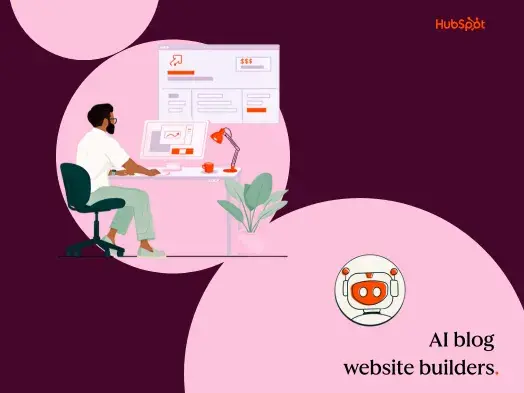 Graphic of man on computer using an AI blog website builder
