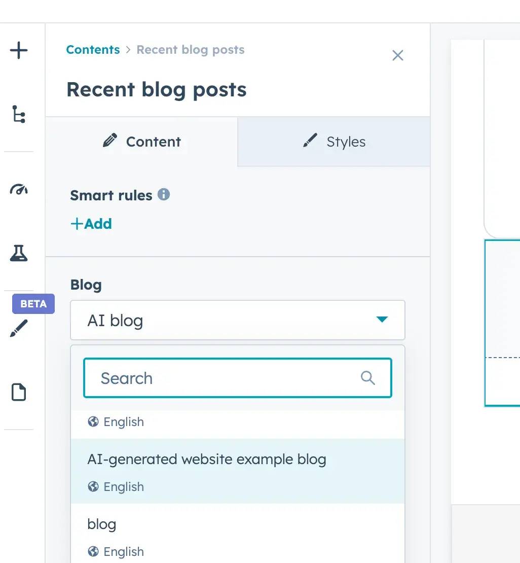hubspot cms editor showing the dropdown menu of different blogs to select for the “recent blog posts” module. “ai-generated website example blog” is highlighted