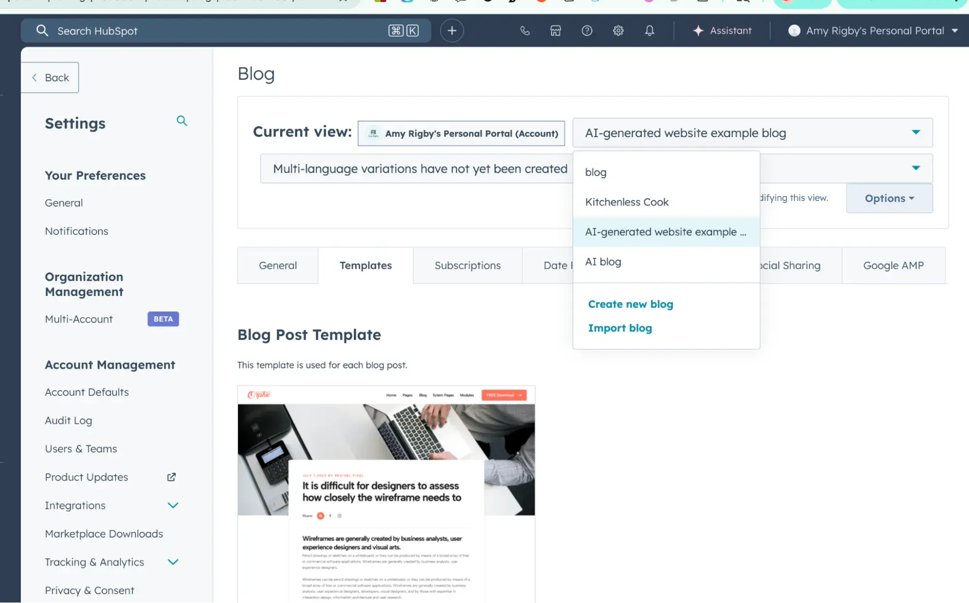 hubspot’s dashboard showing the “blog post template” section