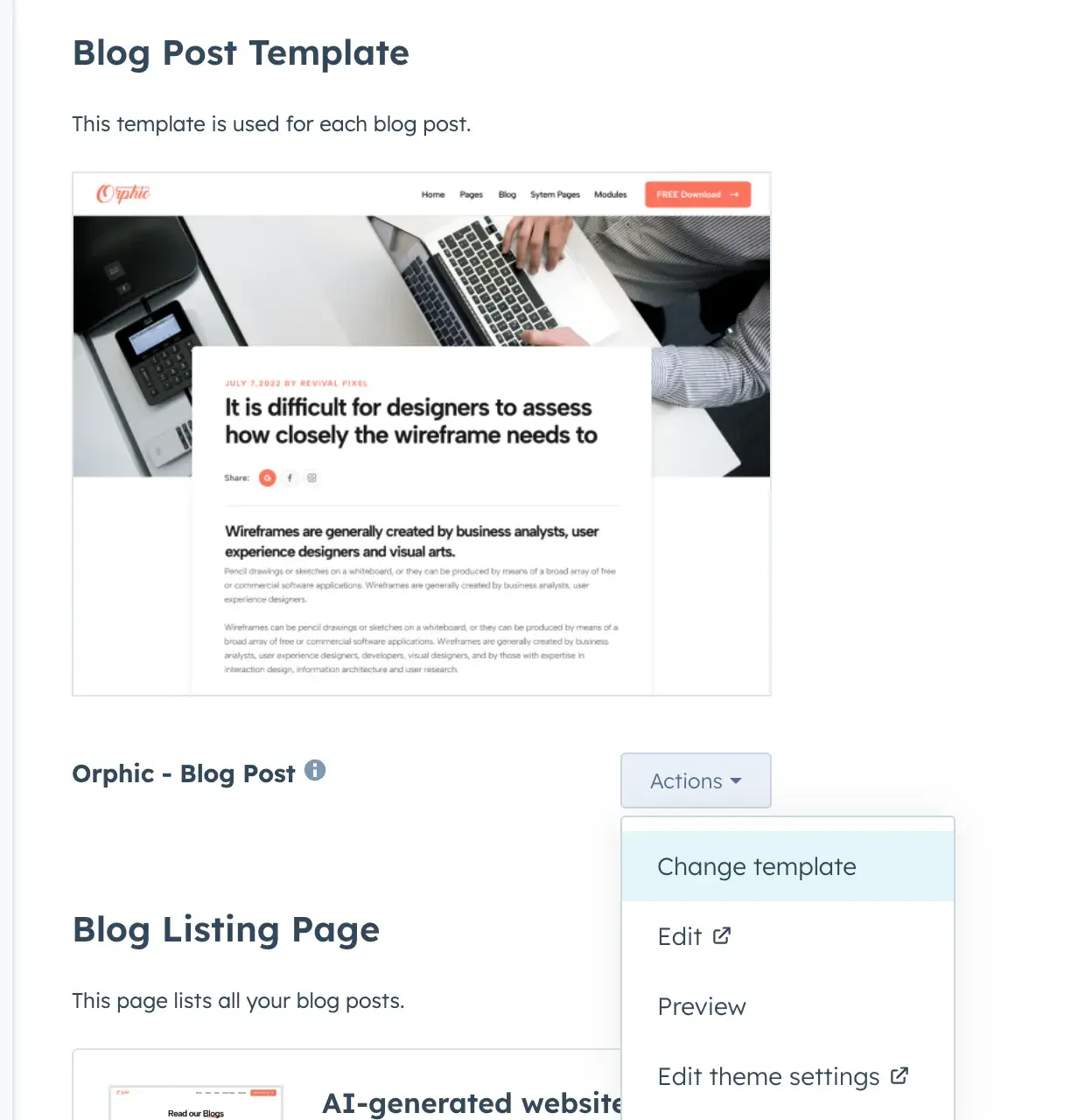 hubspot dashboard showing the “change template” action