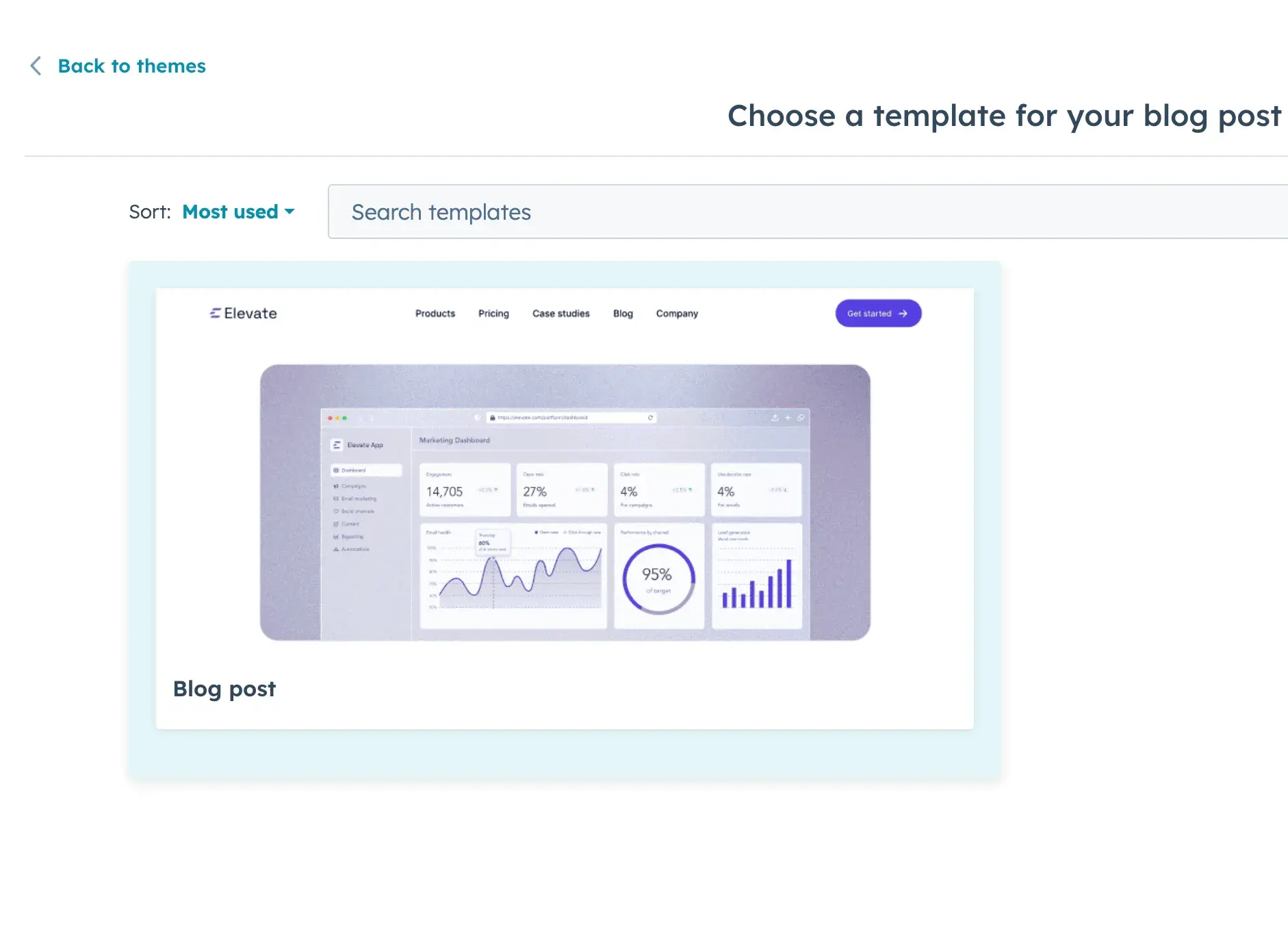 hubspot dashboard “choose a template for your blog post” with “blog post” template selected