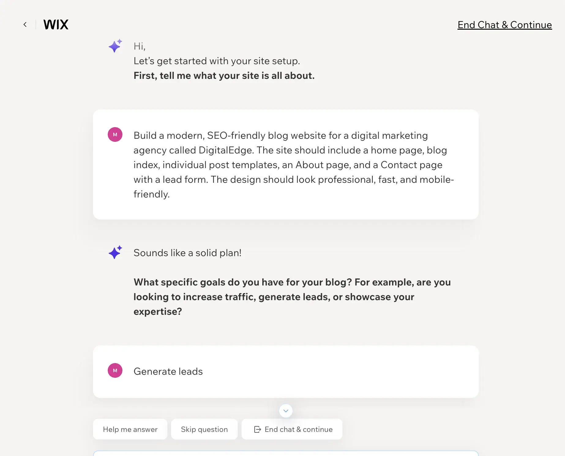 wix ai website builder chat interface showing the conversation flow where users describe their website needs