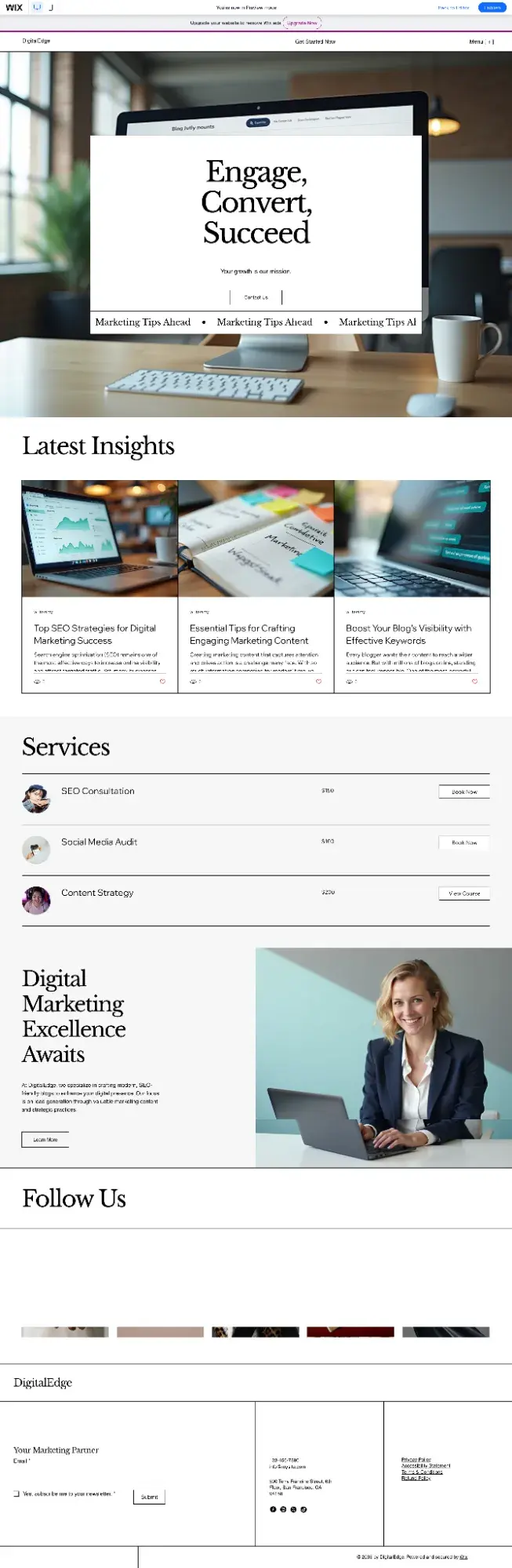 full preview of ai blog website builder created with wix showing blog posts module and services sections