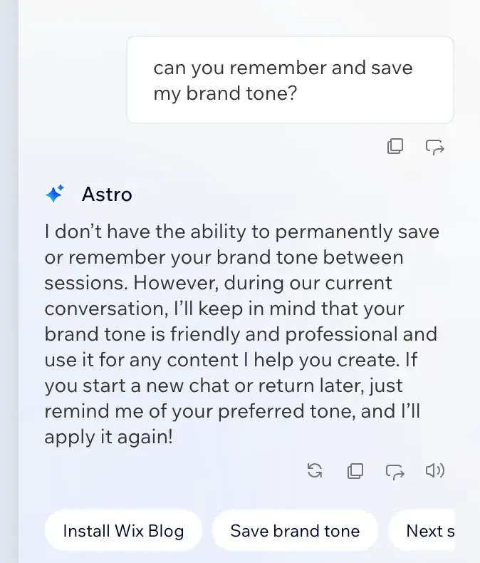 chat interface with wix ai assistant astro saying that it doesn’t “have the ability to permanently save or remember your brand tone between sessions”