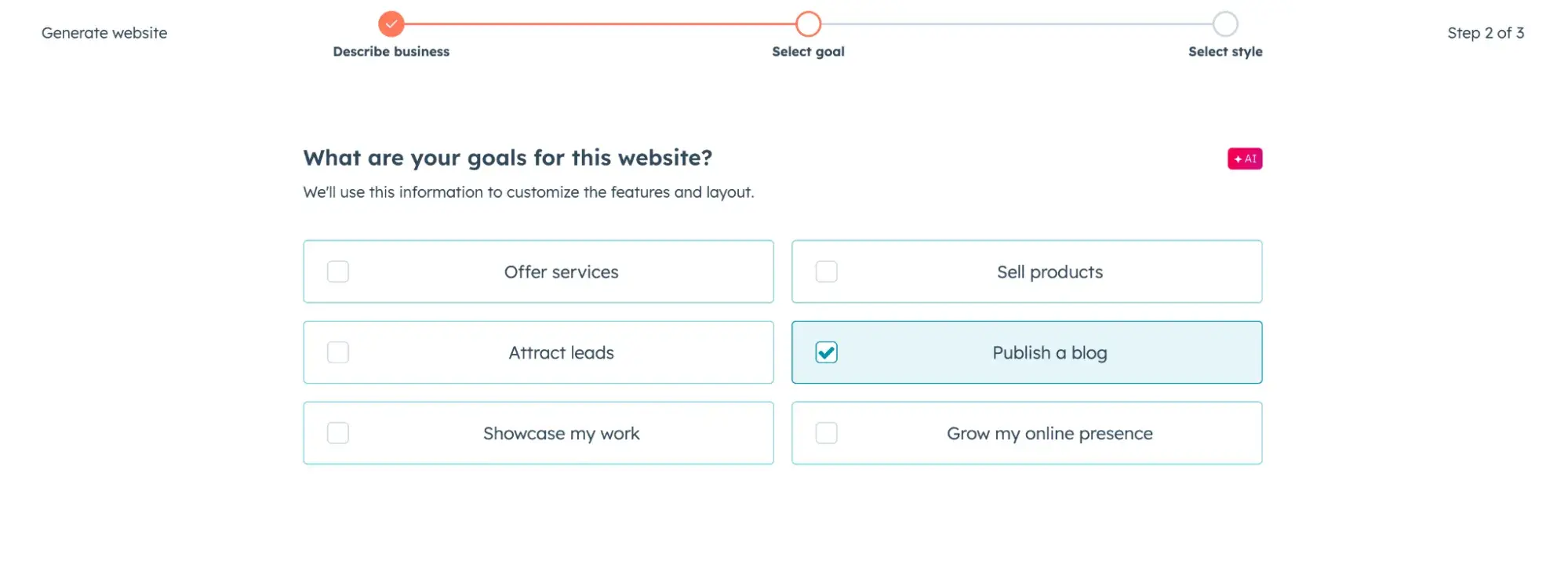hubspot ai website generator asks “what are your goals for this website?” with the answer “publish a blog” selected