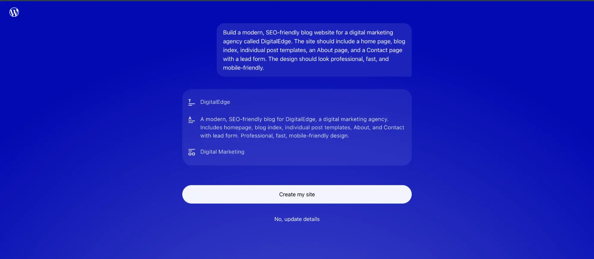 wordpress.com ai website builder prompt input screen with blue interface for creating a blog for a digital marketing agency