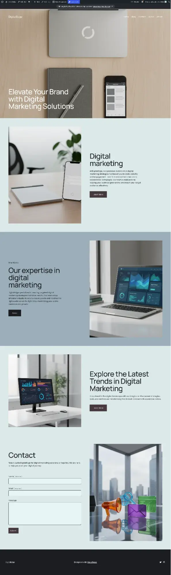 complete wordpress ai-generated blog website homepage showing professional design with digital marketing theme