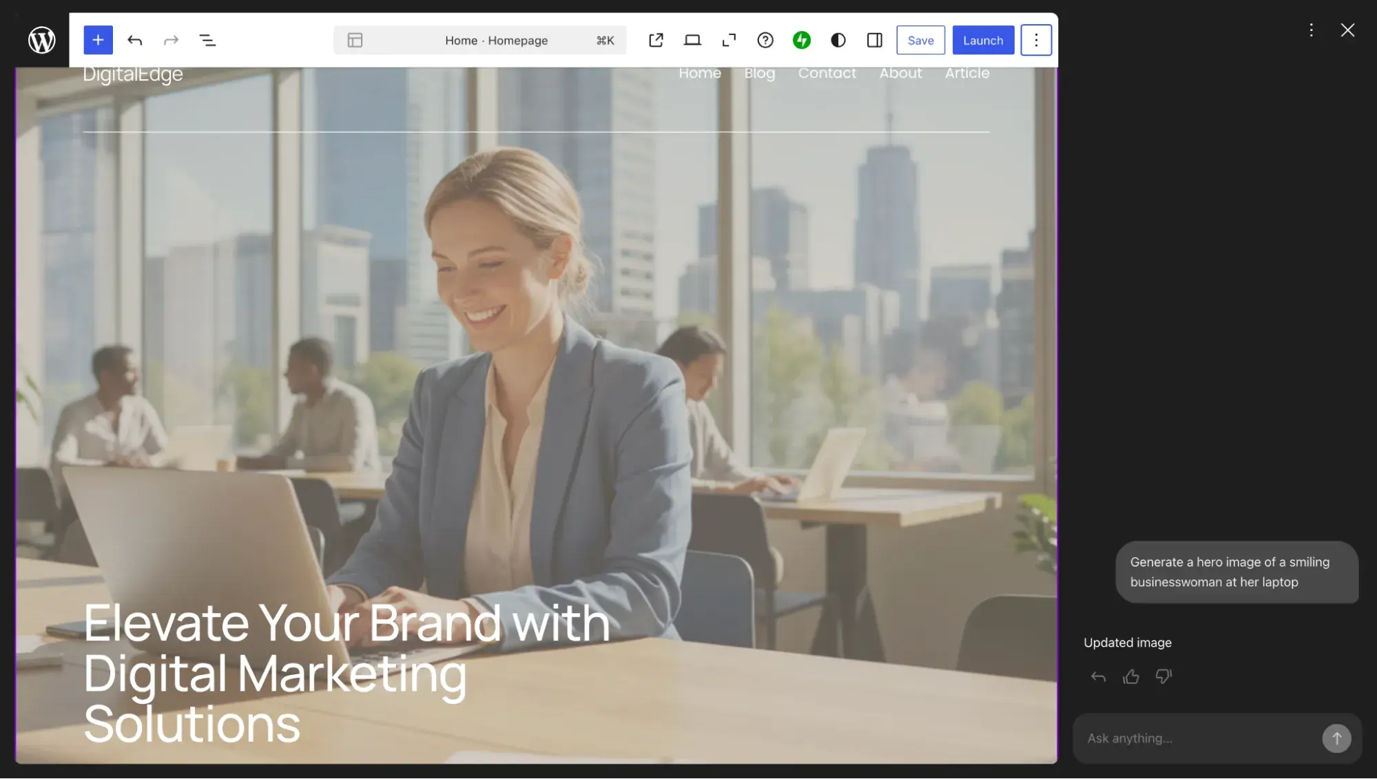 wordpress.com ai-generated hero image with ai assistant chat interface to the right