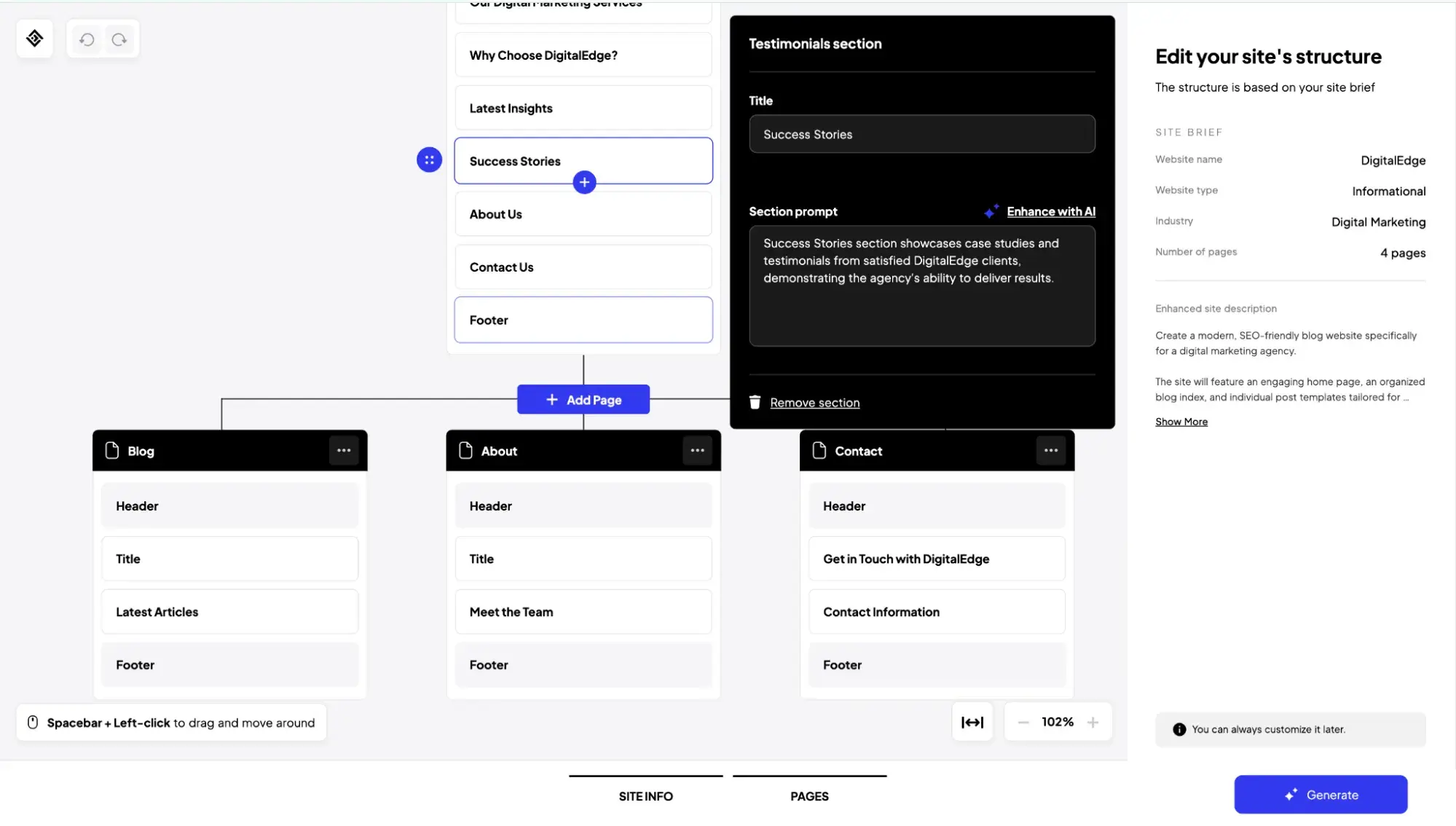 10web sitemap preview with the user editing the sitemap