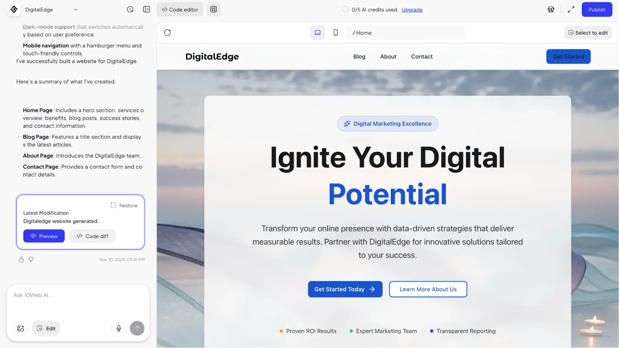 10web dashboard with ai chat assistant to the left and website preview to the right