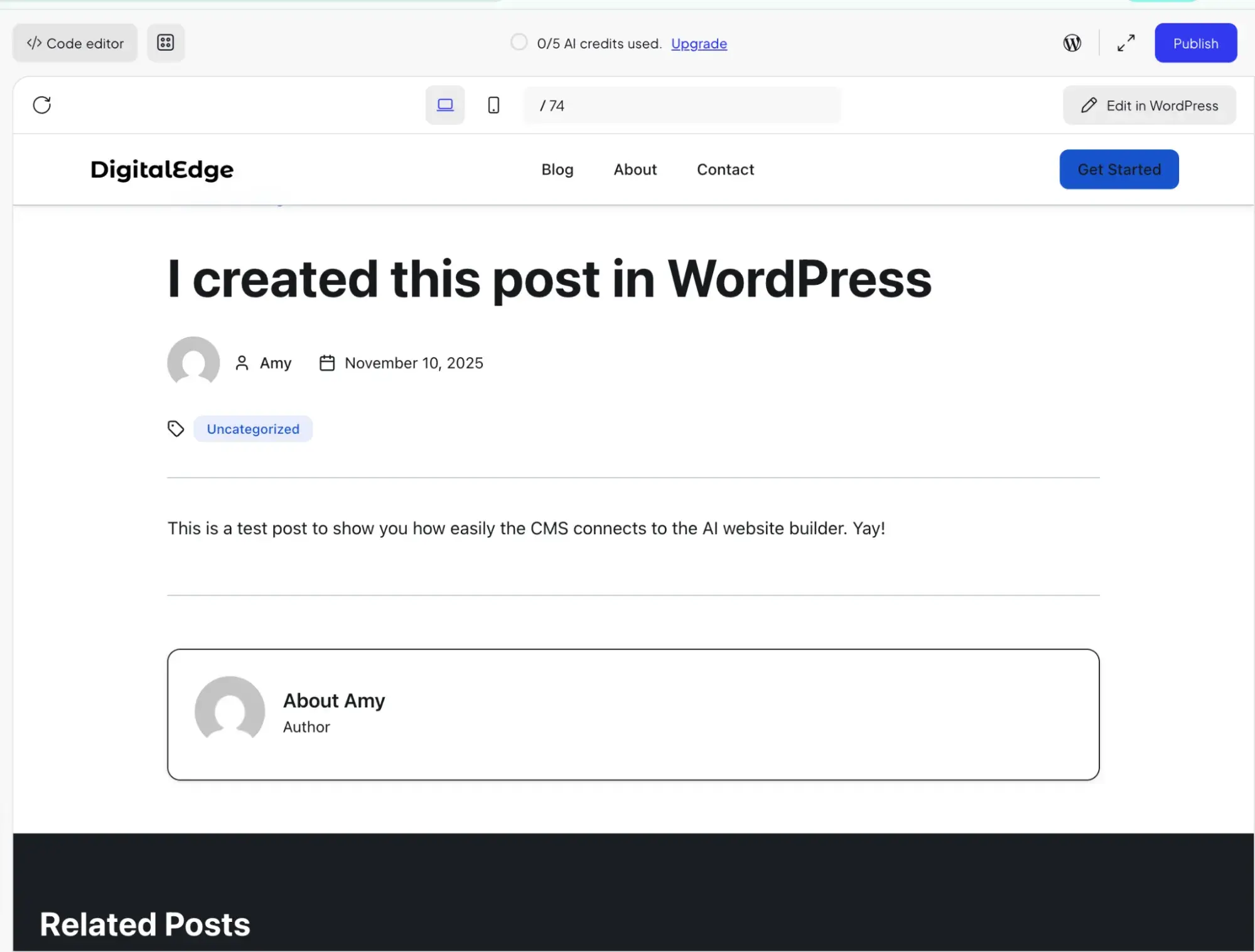 the blog post being shown within the 10web dashboard with an “edit in wordpress” button in the upper right corner