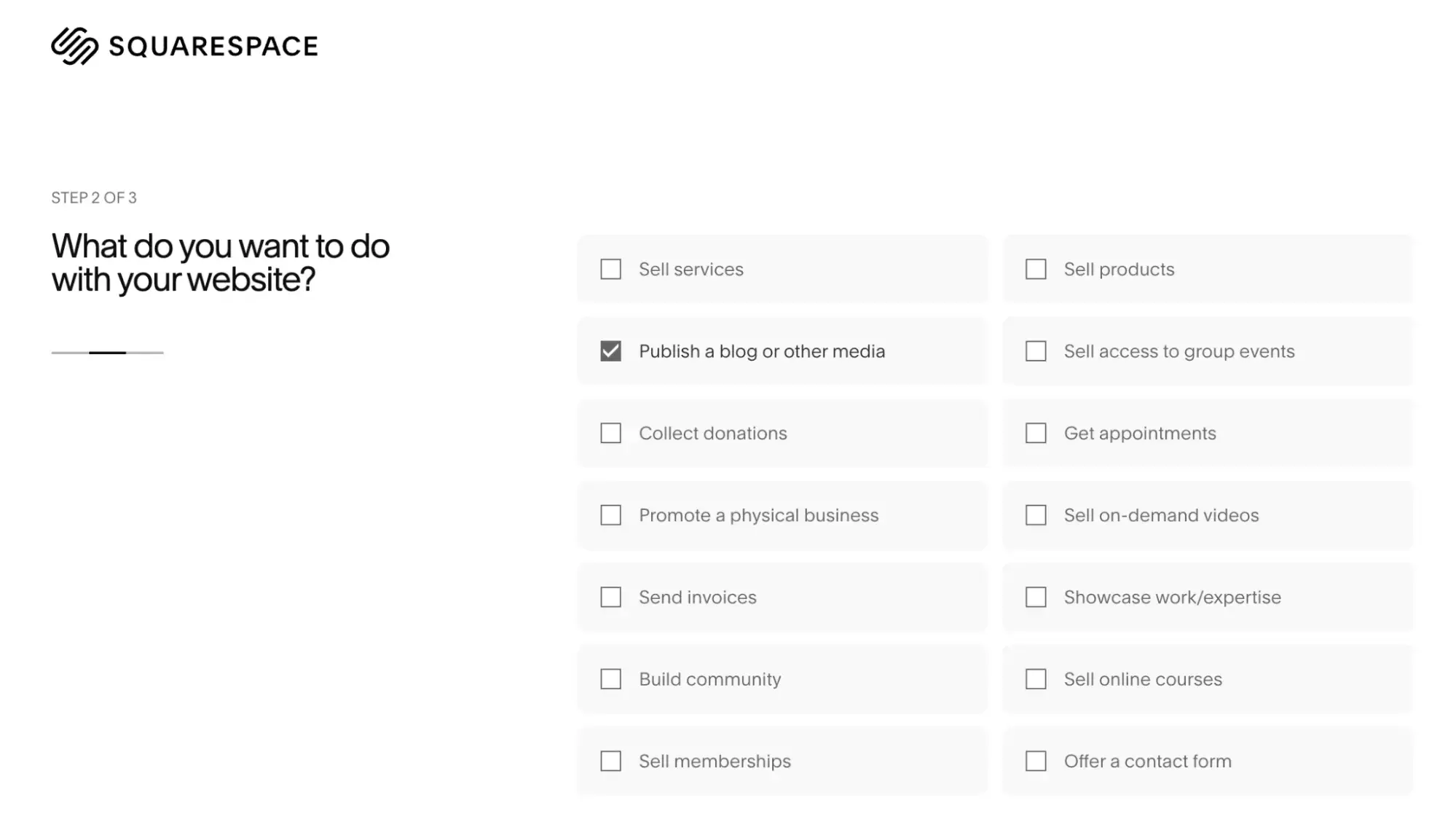 squarespace ai website builder asking, “what do you want to do with your website?” with “publish a blog or other media” selected