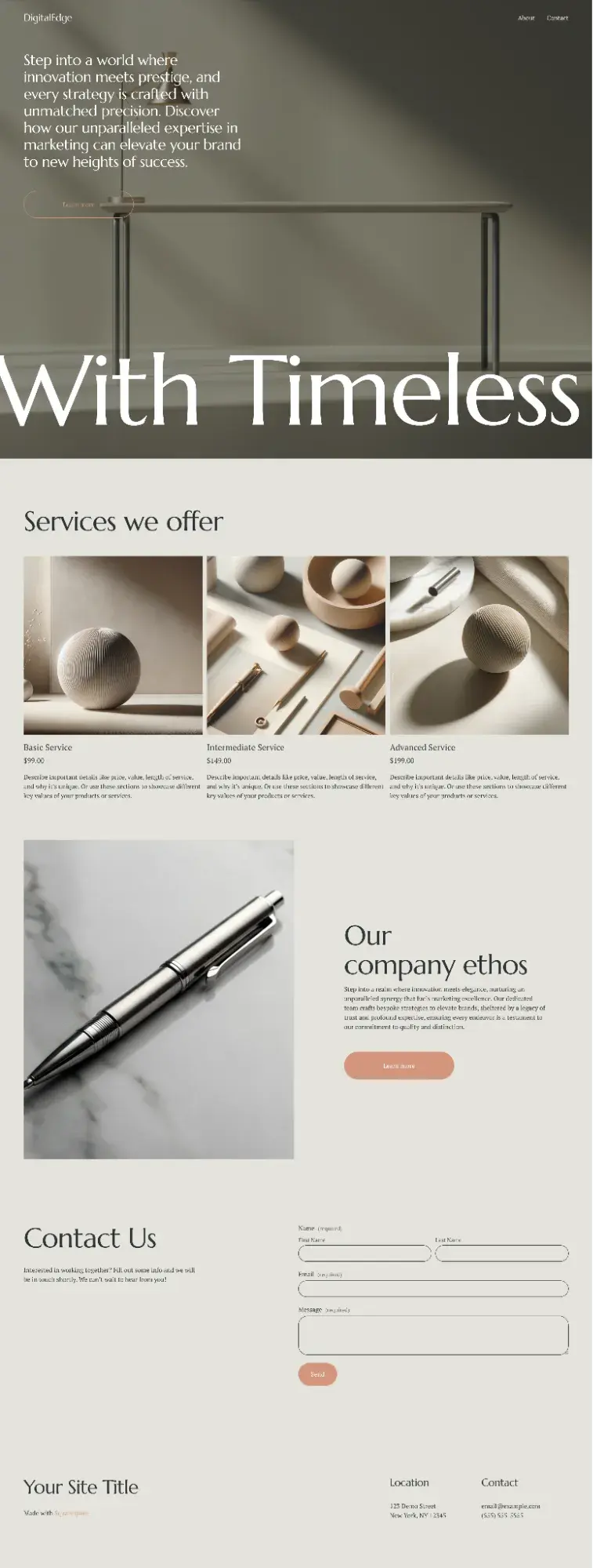 squarespace ai-generated blog website showing minimalist design with services section and contact form