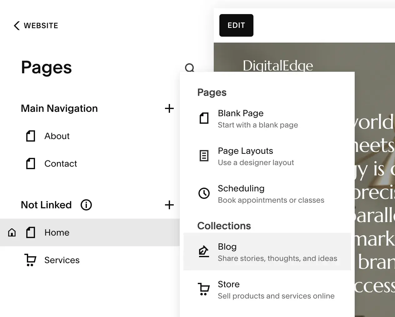 squarespace dashboard with user adding blog to the site