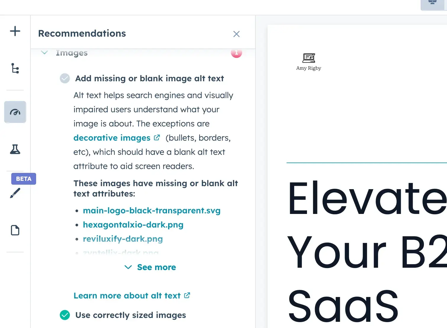 hubspot seo recommendations within its website editor