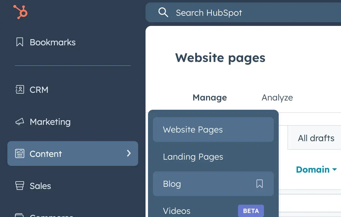 hubspot dashboard showing content > blog menu