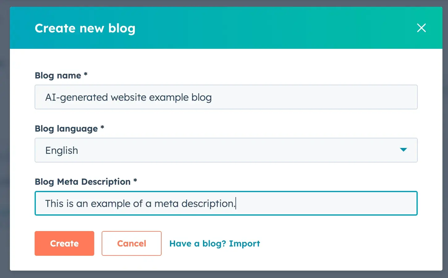 hubspot dashboard with “create new blog” form and “create” orange button