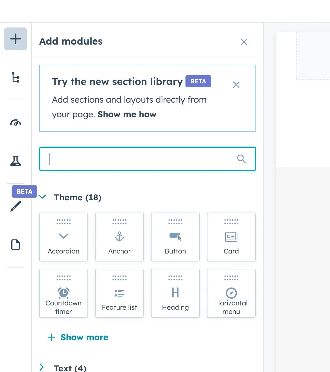 hubspot cms editor showing the “add modules” section