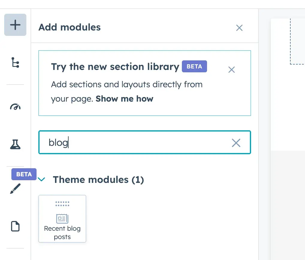 hubspot cms editor showing the “recent blog posts” module