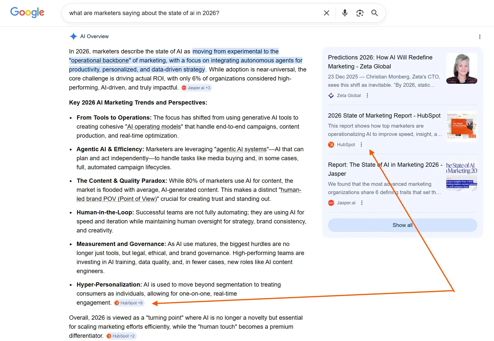how to track ai search engine citations using manual analysis. the screenshot from google’s ai overviews with an arrow pointing to two types of citations.