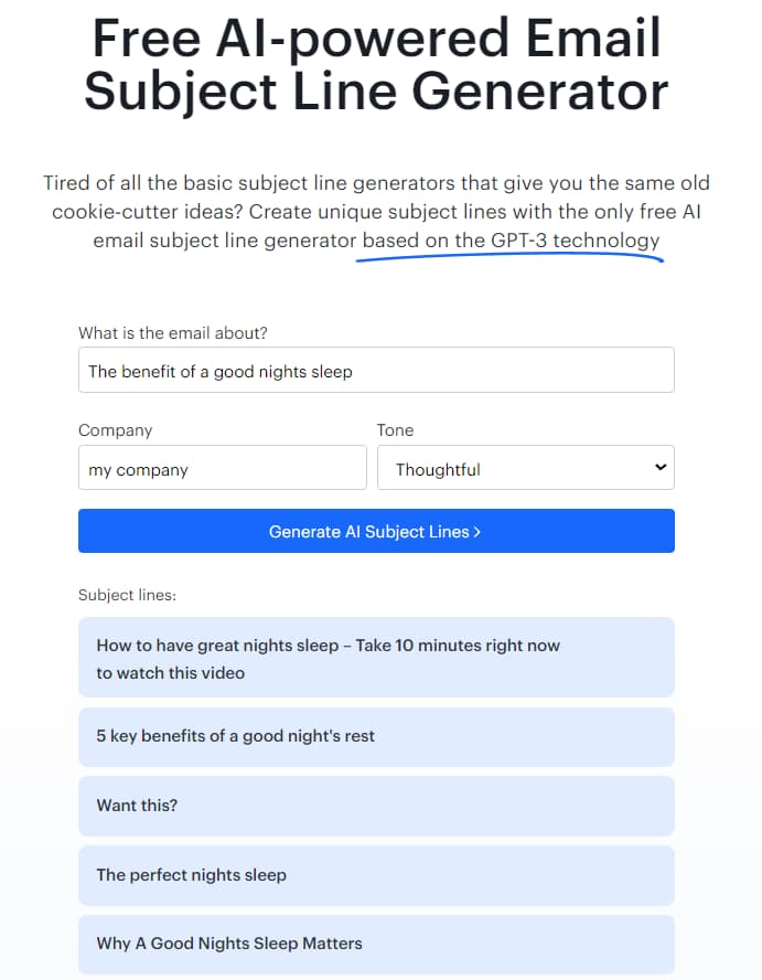 Screenshot of Encharges Free Email Subject Line Generator shows how it works, an example of AI-assisted subject lines.