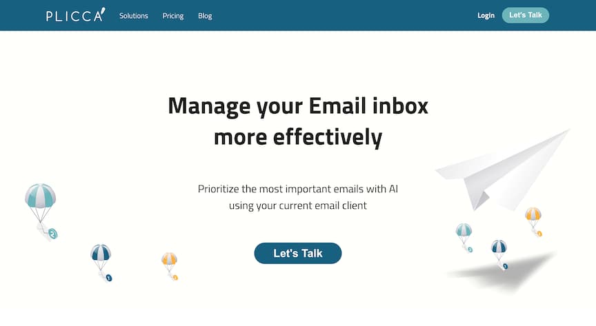 AI email assistant  Pliccas homepage clearly states how they can help their users. The hero says, Manage your email inbox more effectively.