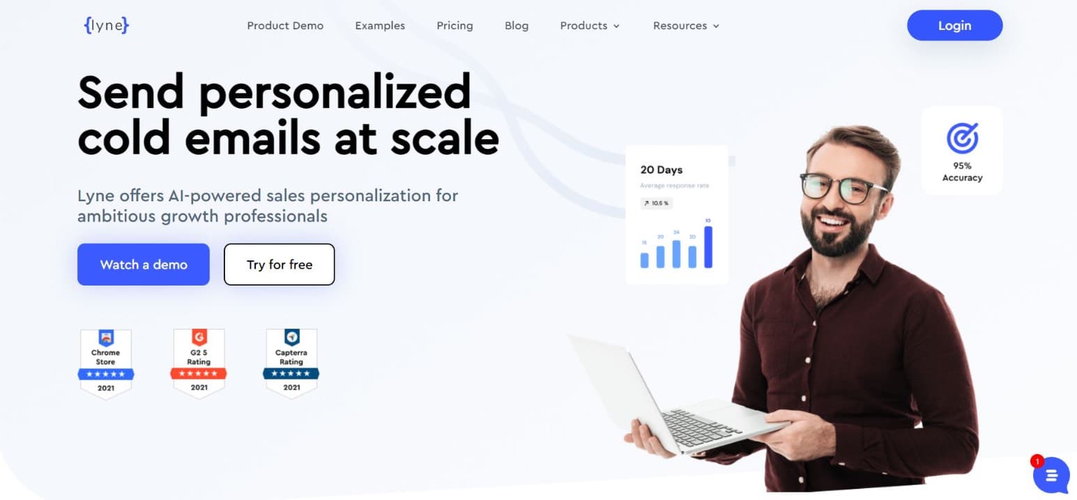 Screenshot from Lyne.ais website summarizes what they do. The heading in the hero reads, Send personalized cold emails at scale 