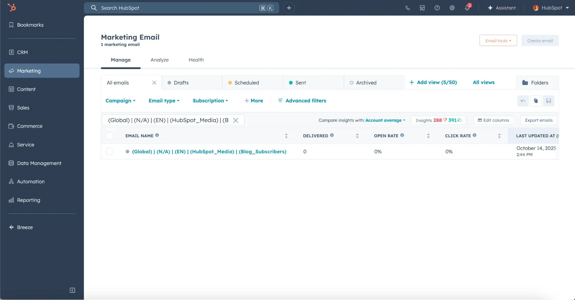 a screenshot of hubspot’s marketing hub CRM, highlighting its marketing email campaign library and active campaigns within it